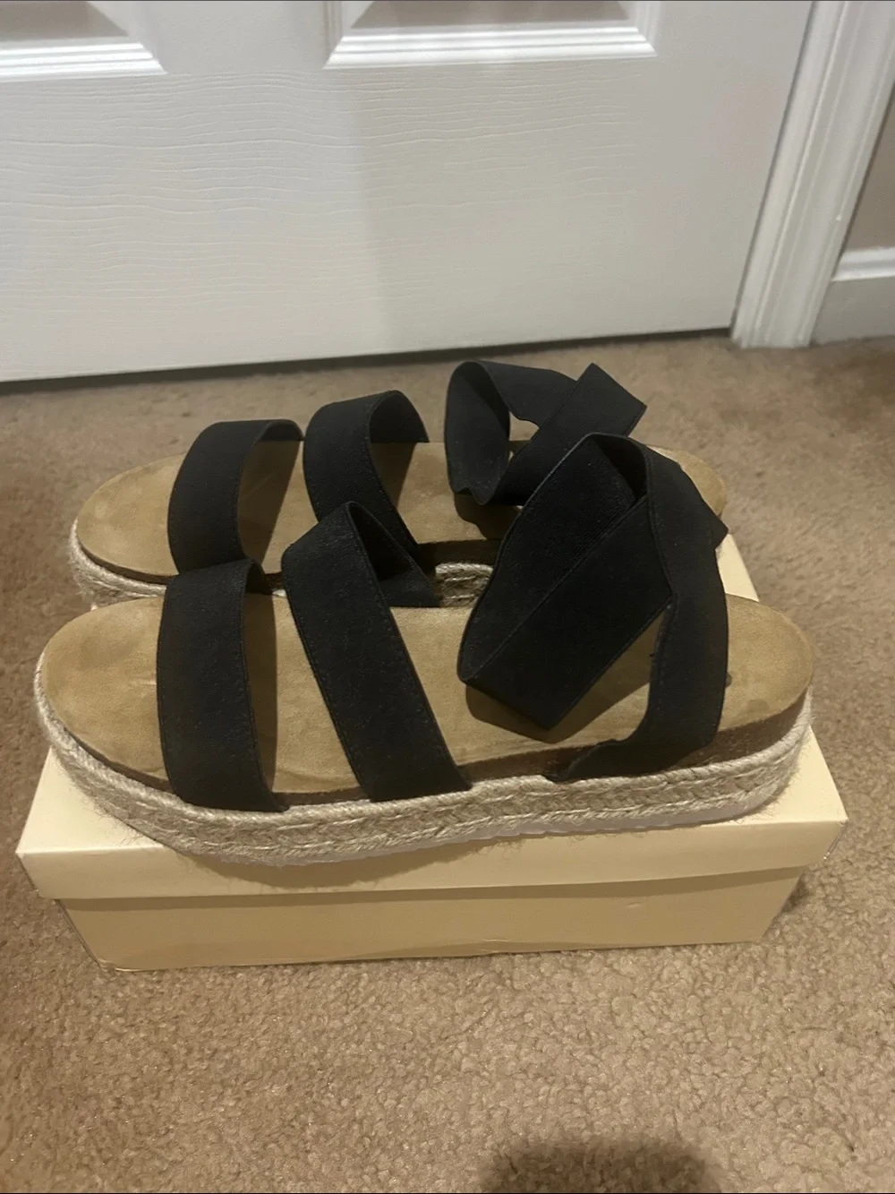Yoki Black Espadrille Platform Sandals with Crisscross Straps